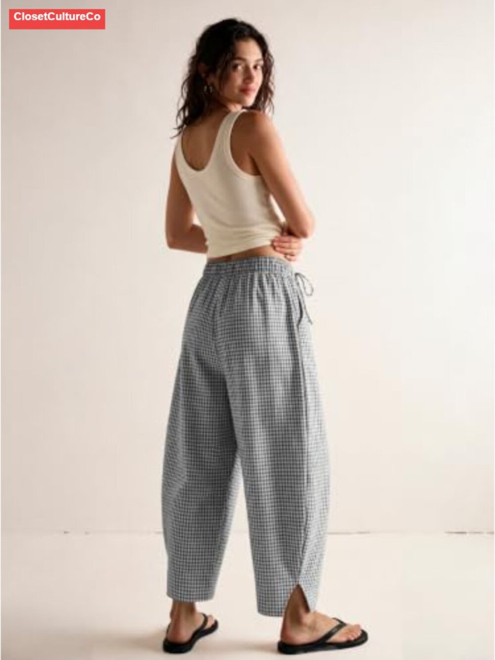 Womens Linen Gingham Barrel Pants Drawstring Casual Trousers - Picture 5 of 6